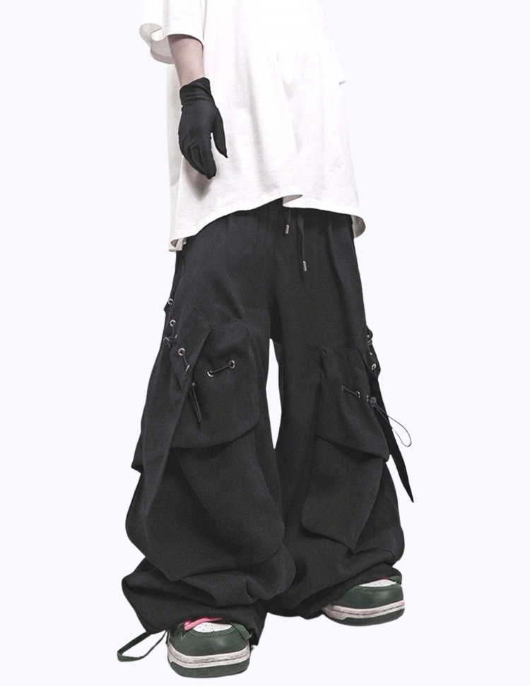 루즈 스트링 와이드 멀티포켓 밴딩 팬츠