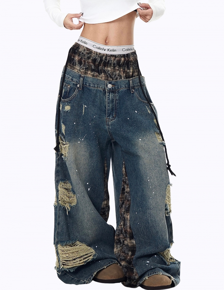 더블 웨이스트 디스트로이드 데님 팬츠