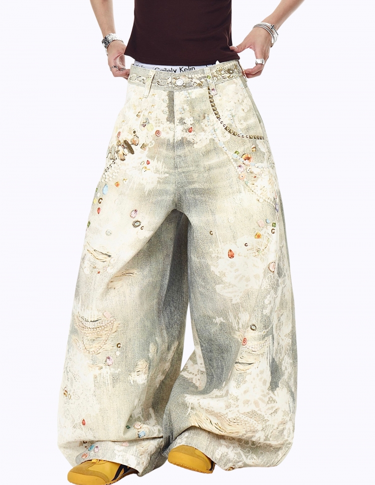 빈티지 쥬얼리 프린팅 데님 팬츠