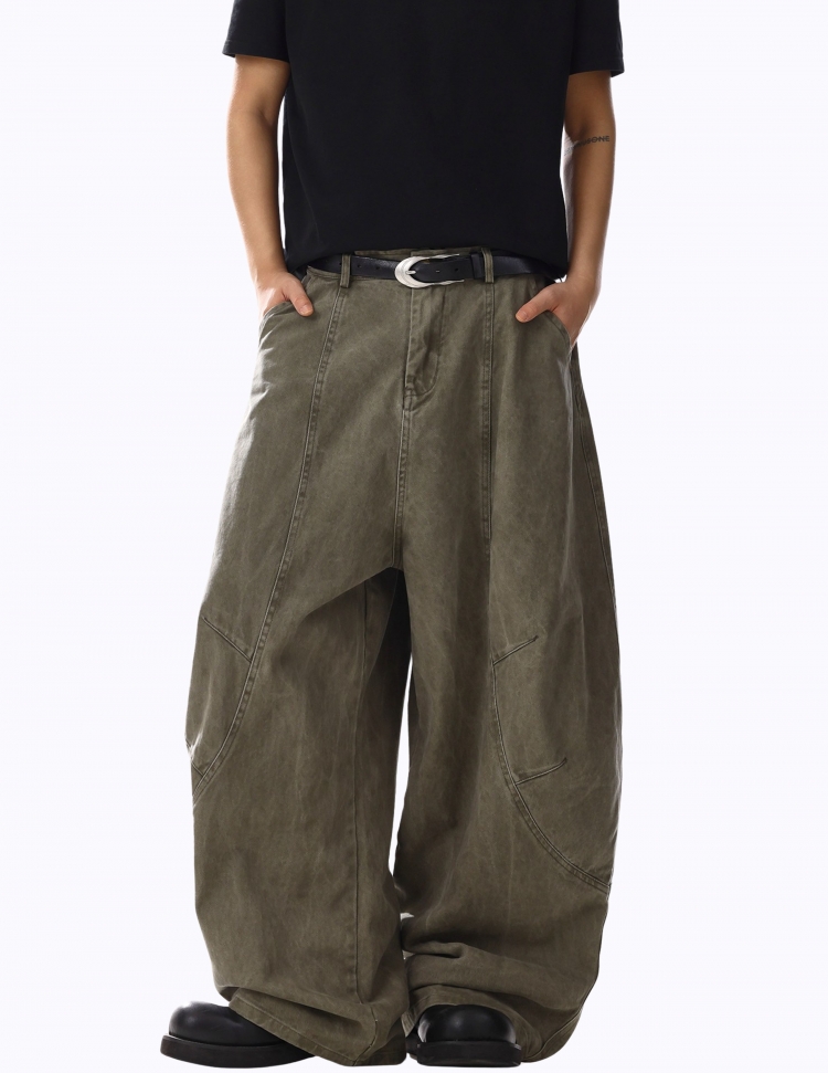 워시드 그린 커브드 데님 팬츠