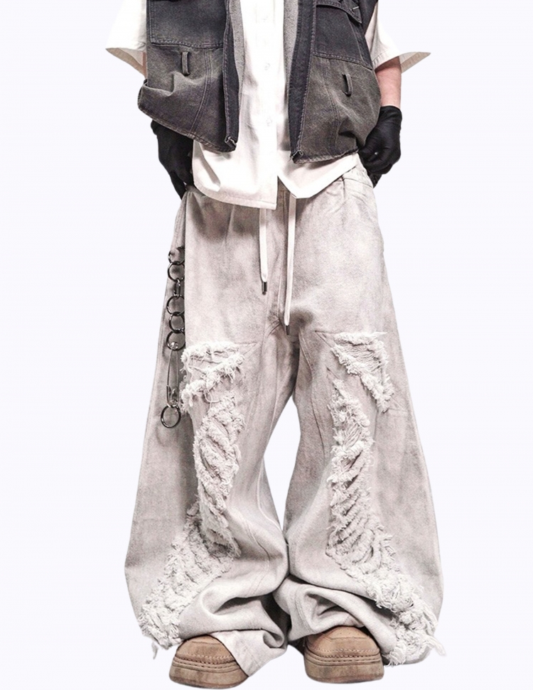 더티 화이트 머드 플로어 립트 밴딩 팬츠