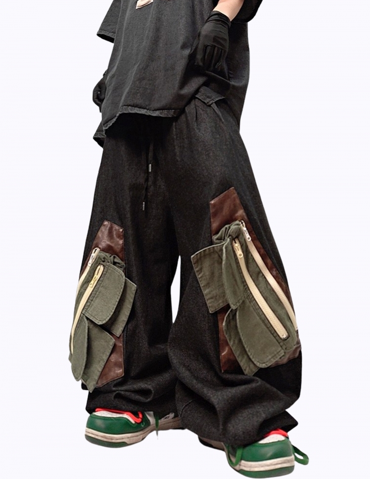 커브드 패치 지퍼 멀티포켓 밴딩 팬츠