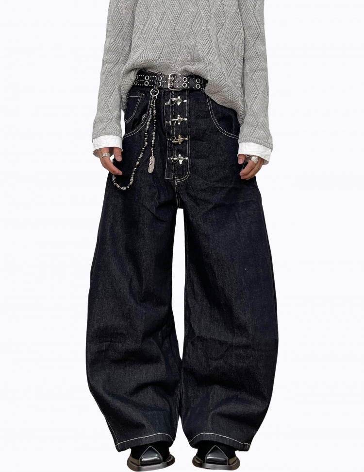 버튼 클린핏 와이드 데님 팬츠