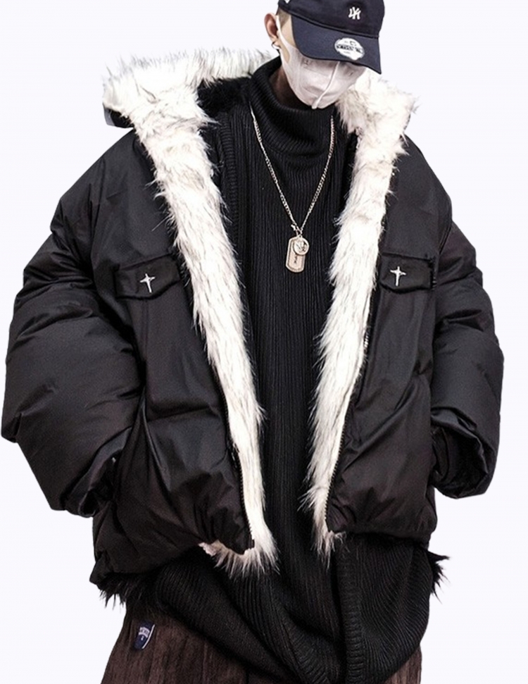 블랙 퍼 덕다운 루즈핏 패딩 자켓