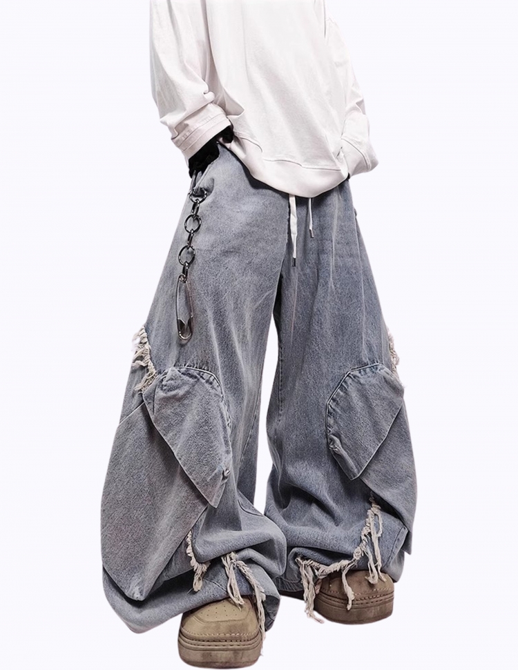 더티 워싱 카고 와이드 커브드 데님 팬츠