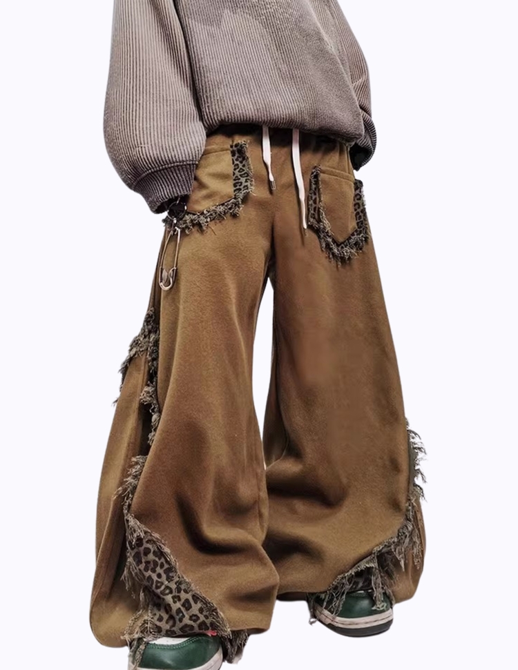 레오파드 패치워크 와이드 밴딩 팬츠