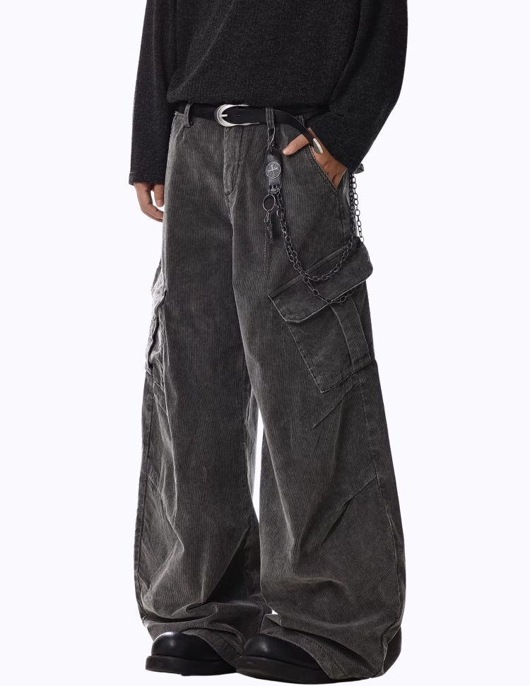 블랙 코듀로이 캐주얼 카고 팬츠