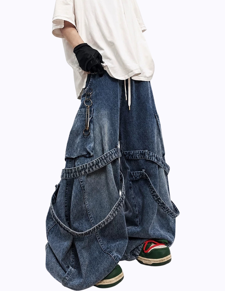 빈티지 블루 스트랩 멀티포켓 데님 팬츠