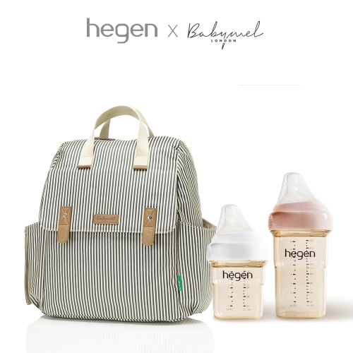 [헤겐x베이비멜]베이비멜 패션 기저귀가방 로빈 백팩 네이비 스트라이프 + 헤겐젖병 트윈 SET(150/240ml 택1)
