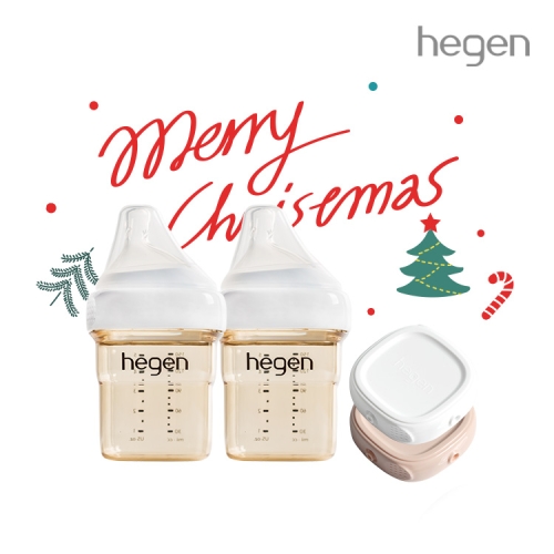 [크리스마스 SET] 헤겐 애착젖병 PPSU 150ml 트윈팩(2P)(젖꼭지 1단계 포함) + 보관뚜껑 2P(화이트,핑크)