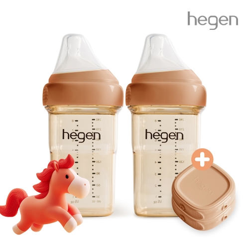 [붉은말띠맘 SET] 헤겐 애착젖병 PPSU 240ml 트윈팩(2P)(젖꼭지 2단계 포함) + 보관뚜껑 2P(오번)