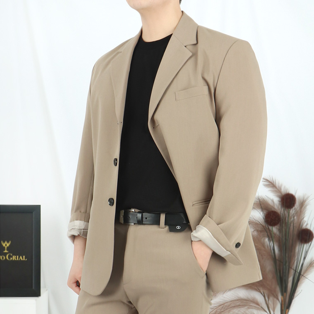 남자 베이지 셋업 세미 오버핏 수트 정장