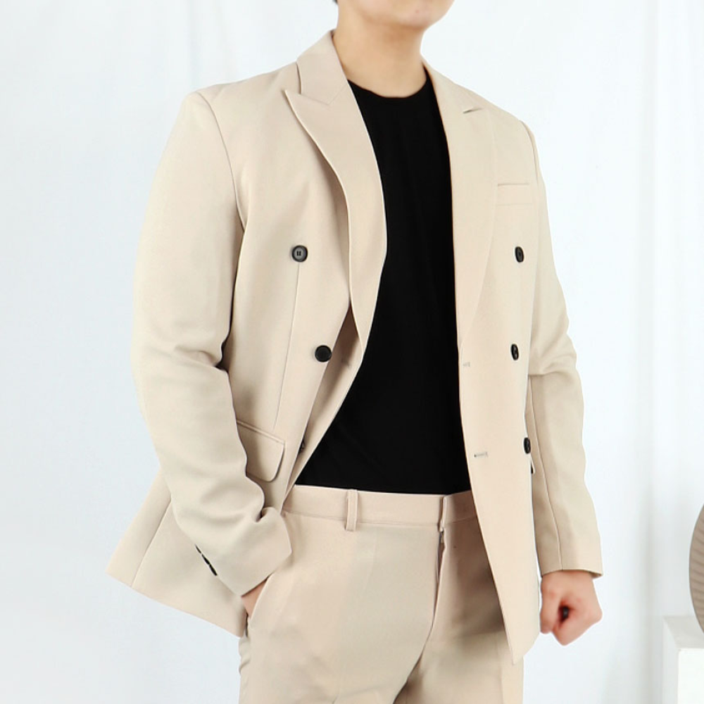 남자 결혼식 하객룩 더블 베이지 수트