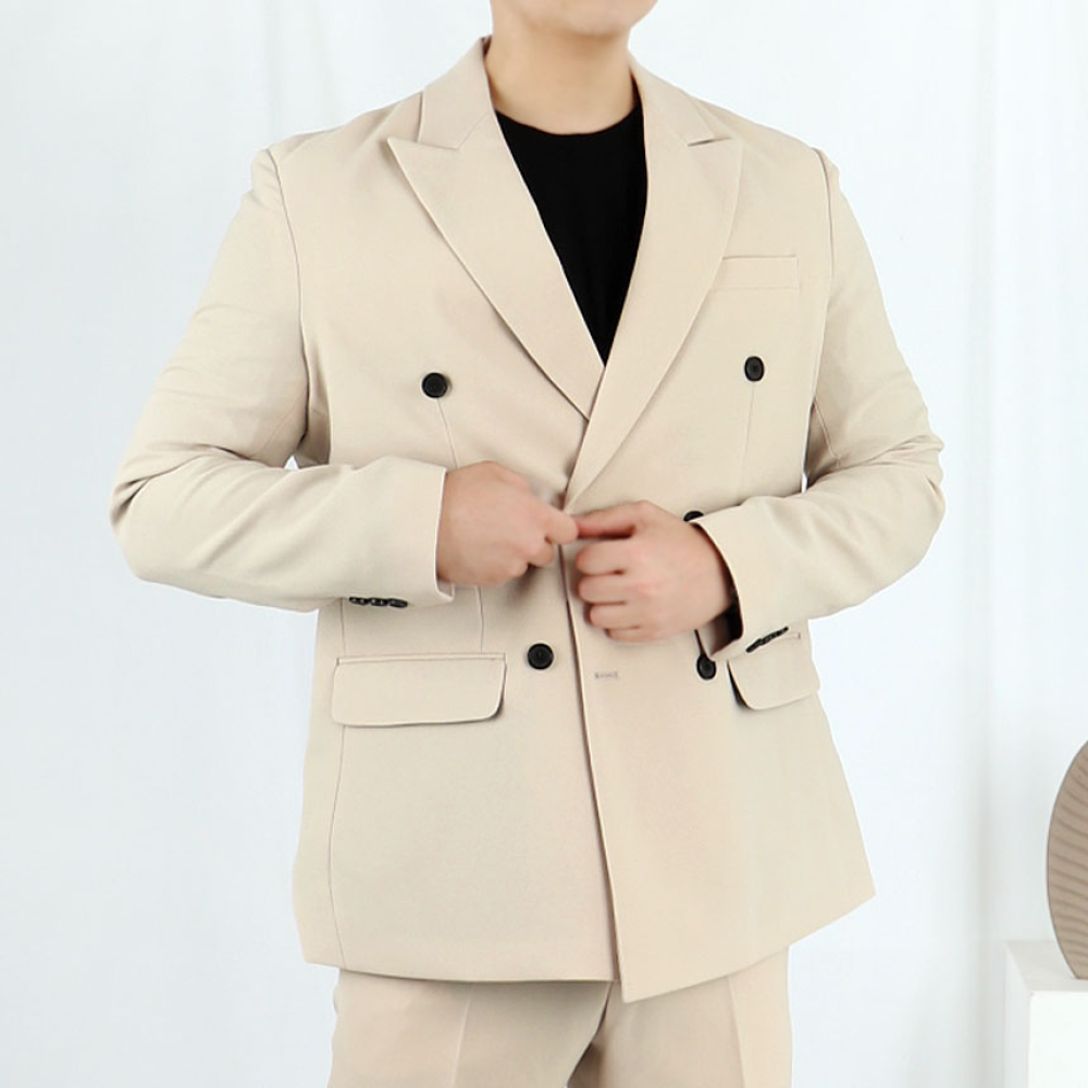 남자 결혼식 하객룩 더블 베이지 수트