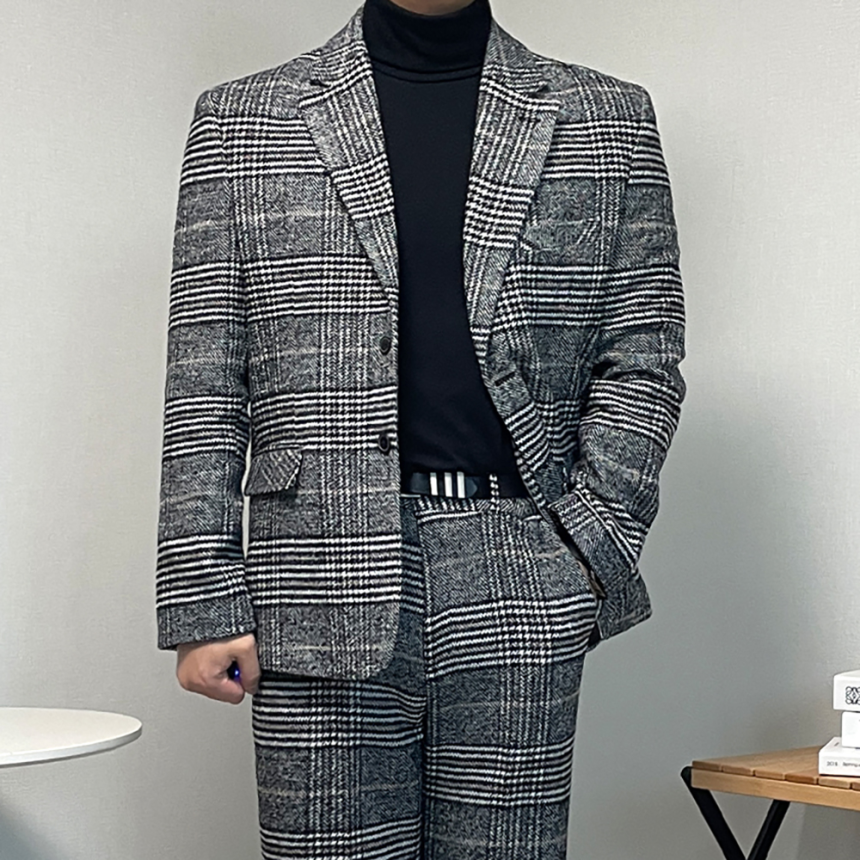 남자 겨울 하객룩 글렌 체크 양복 셋업 울수트
