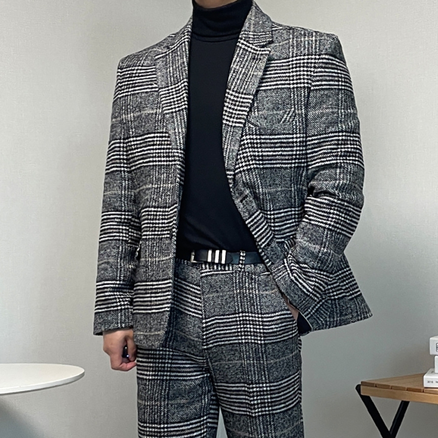 남자 겨울 하객룩 글렌 체크 양복 셋업 울수트