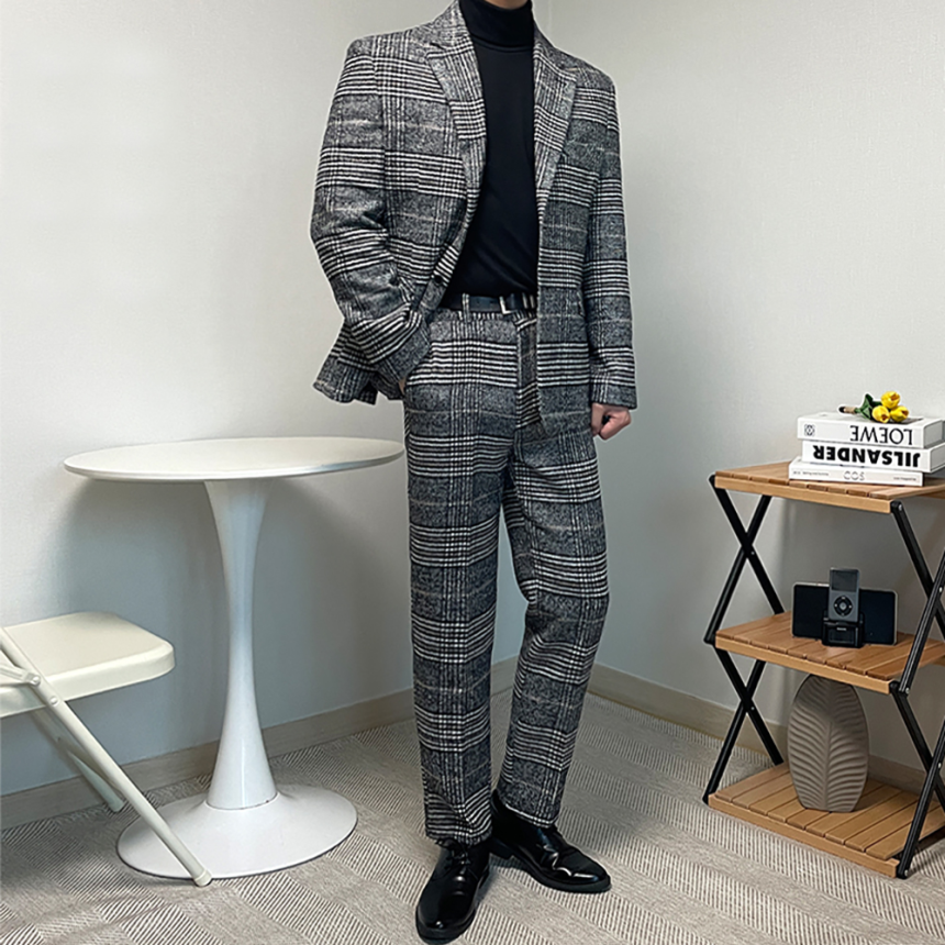 남자 겨울 하객룩 글렌 체크 양복 셋업 울수트