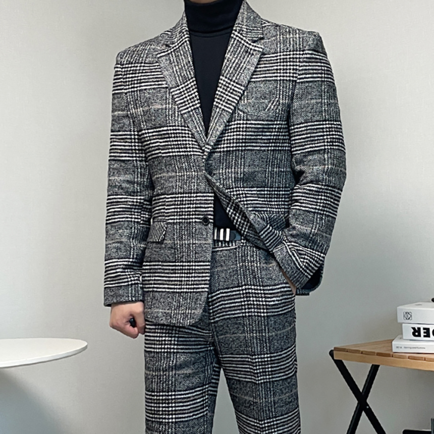 남자 겨울 하객룩 글렌 체크 양복 셋업 울수트