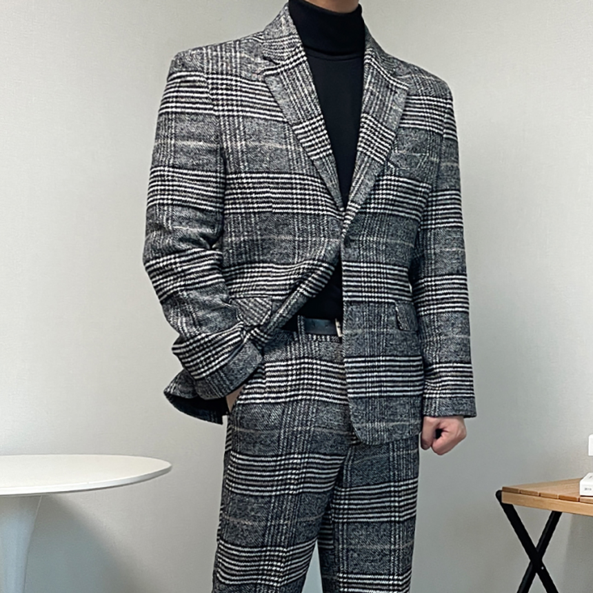 남자 겨울 하객룩 글렌 체크 양복 셋업 울수트