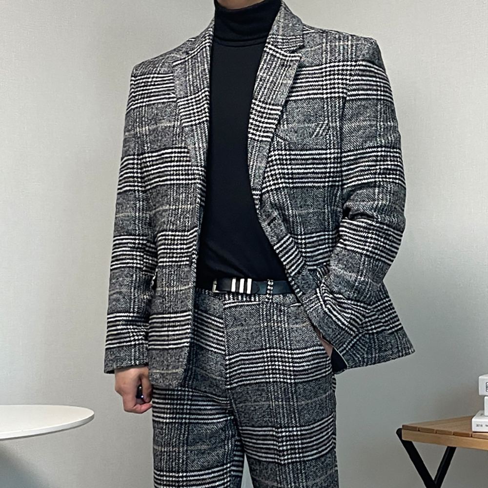 남자 겨울 하객룩 글렌 체크 양복 셋업 울수트