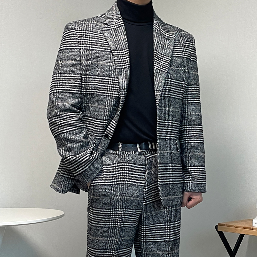 남자 겨울 하객룩 글렌 체크 양복 셋업 울수트