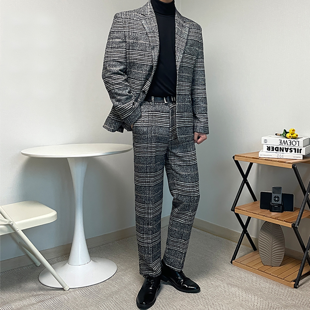 남자 겨울 하객룩 글렌 체크 양복 셋업 울수트