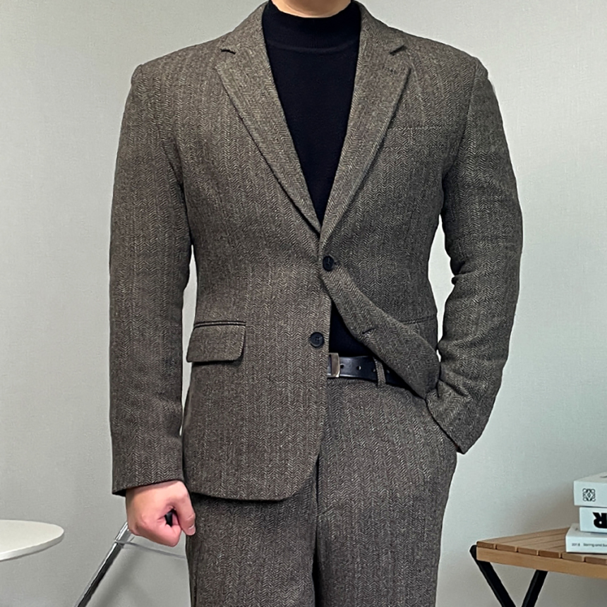 남자 겨울 양복 헤링본 셋업 울 수트