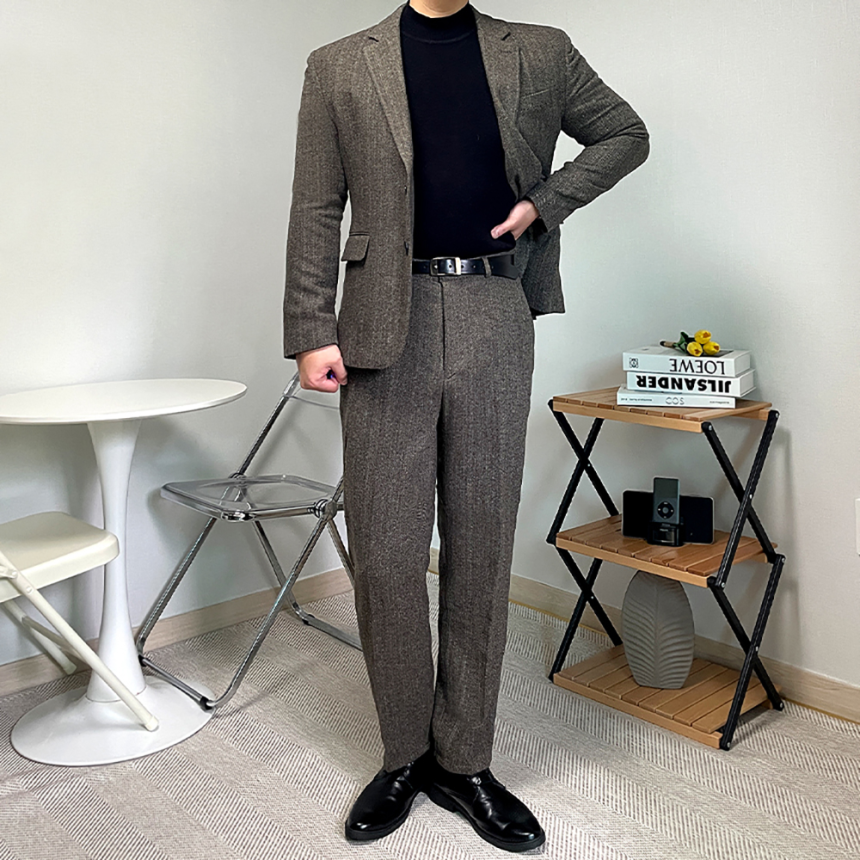 남자 겨울 양복 헤링본 셋업 울 수트