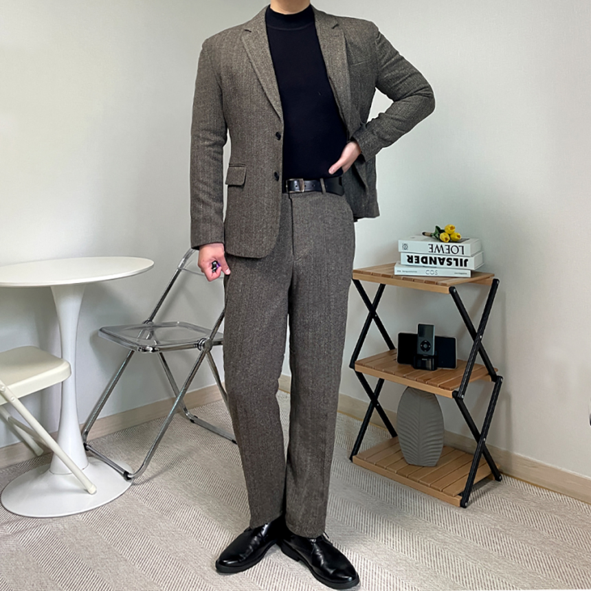 남자 겨울 양복 헤링본 셋업 울 수트