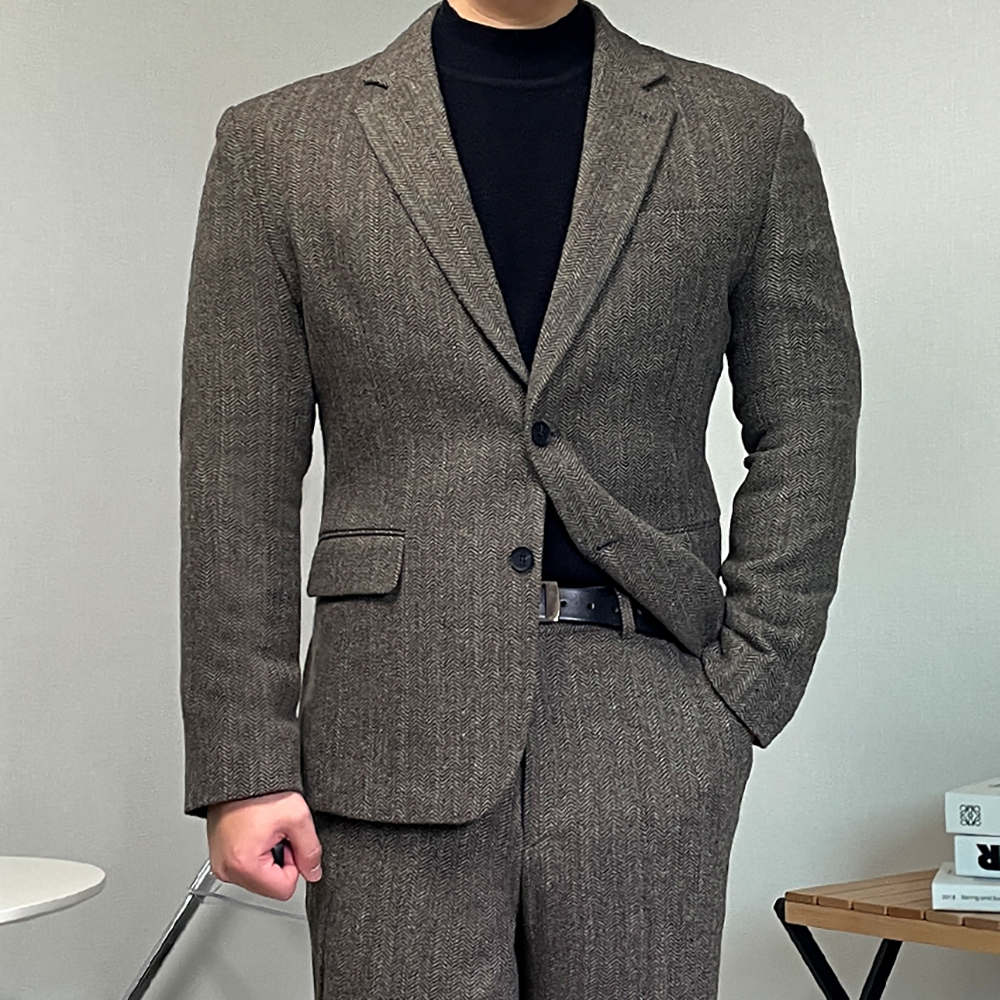 남자 겨울 양복 헤링본 셋업 울 수트