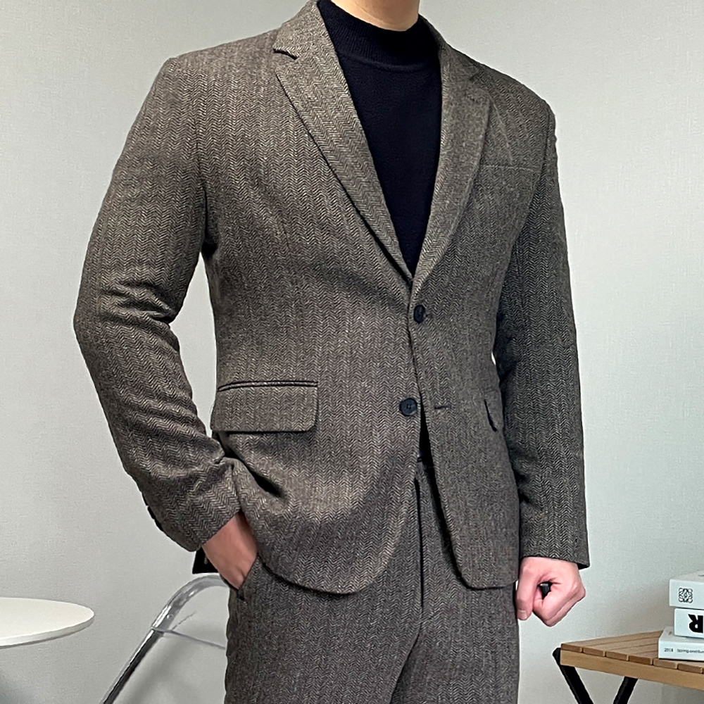 남자 겨울 양복 헤링본 셋업 울 수트