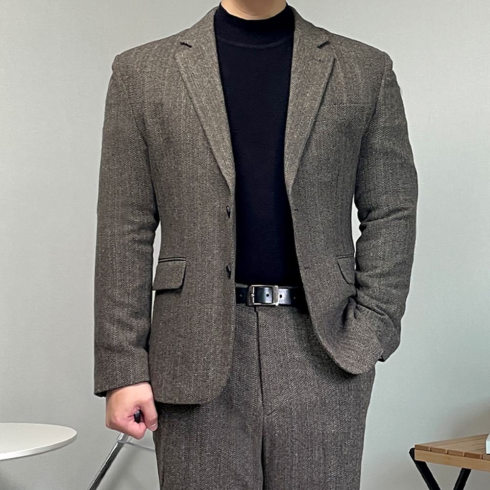 남자 겨울 양복 헤링본 셋업 울 수트