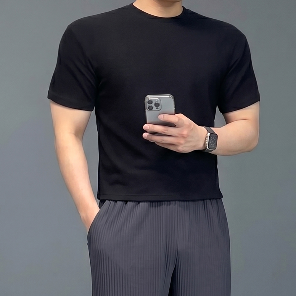 남자 크롭 와플 두꺼운 머슬핏 반팔 티셔츠