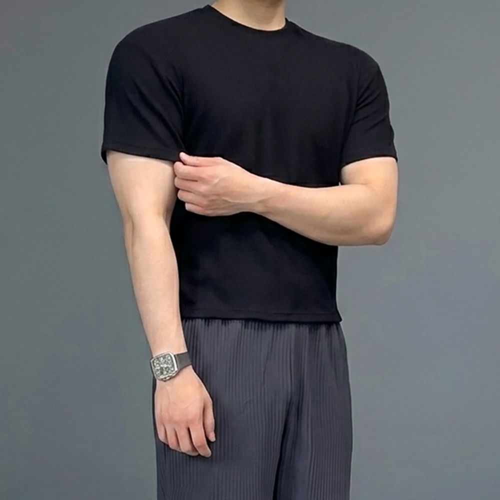 남자 크롭 와플 두꺼운 머슬핏 반팔 티셔츠