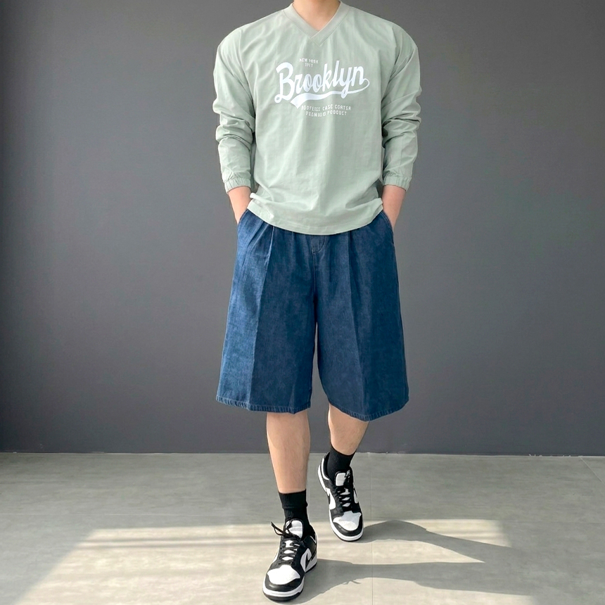 남자 버뮤다 청반바지 와이드 6부 데님 반바지