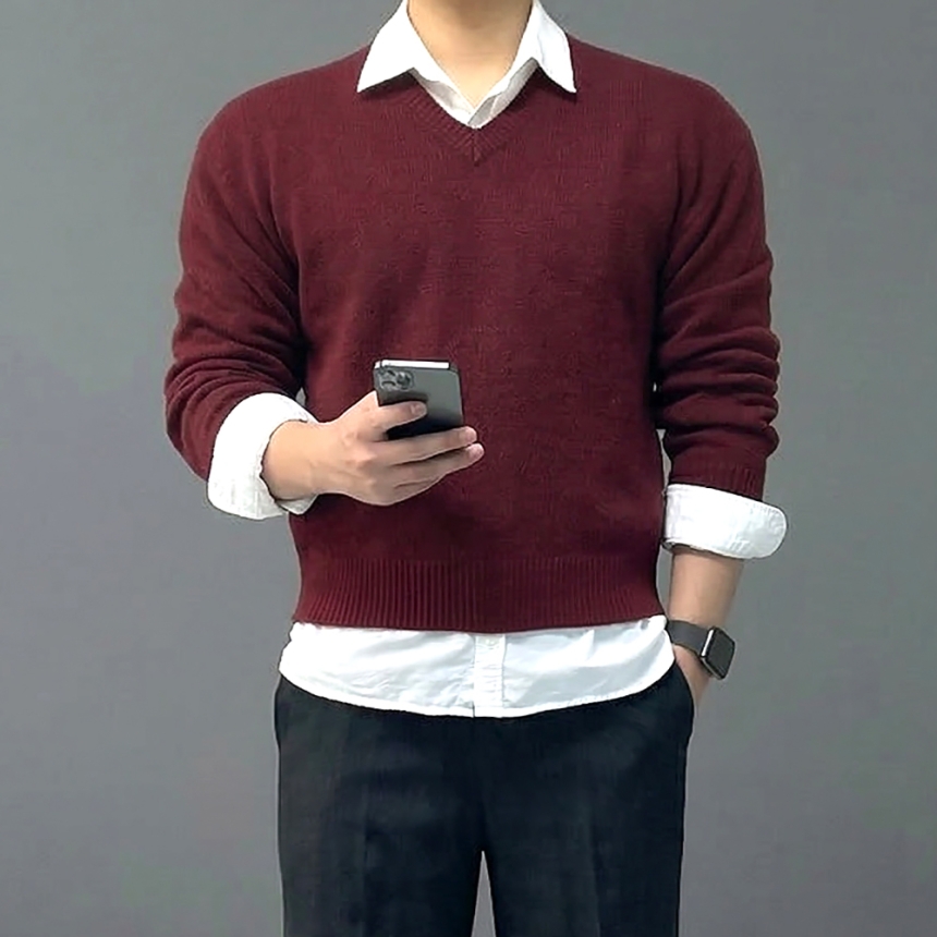 남자 브이넥 크롭 머슬핏 앙고라 니트