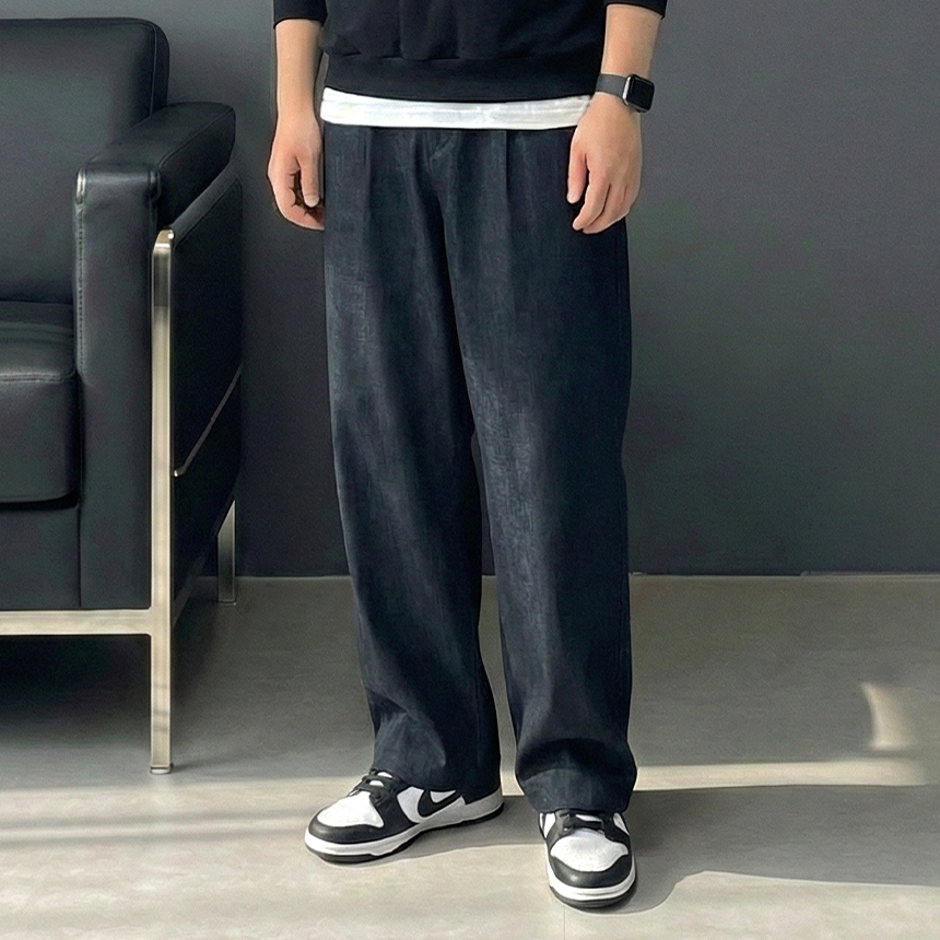 남자 벌룬 커브드 통넓은 밴딩 흑청바지 데님
