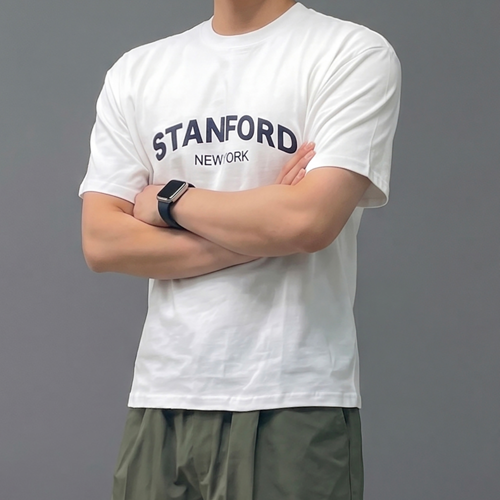 남자 흰색 10수 두꺼운 자수 반팔 티셔츠
