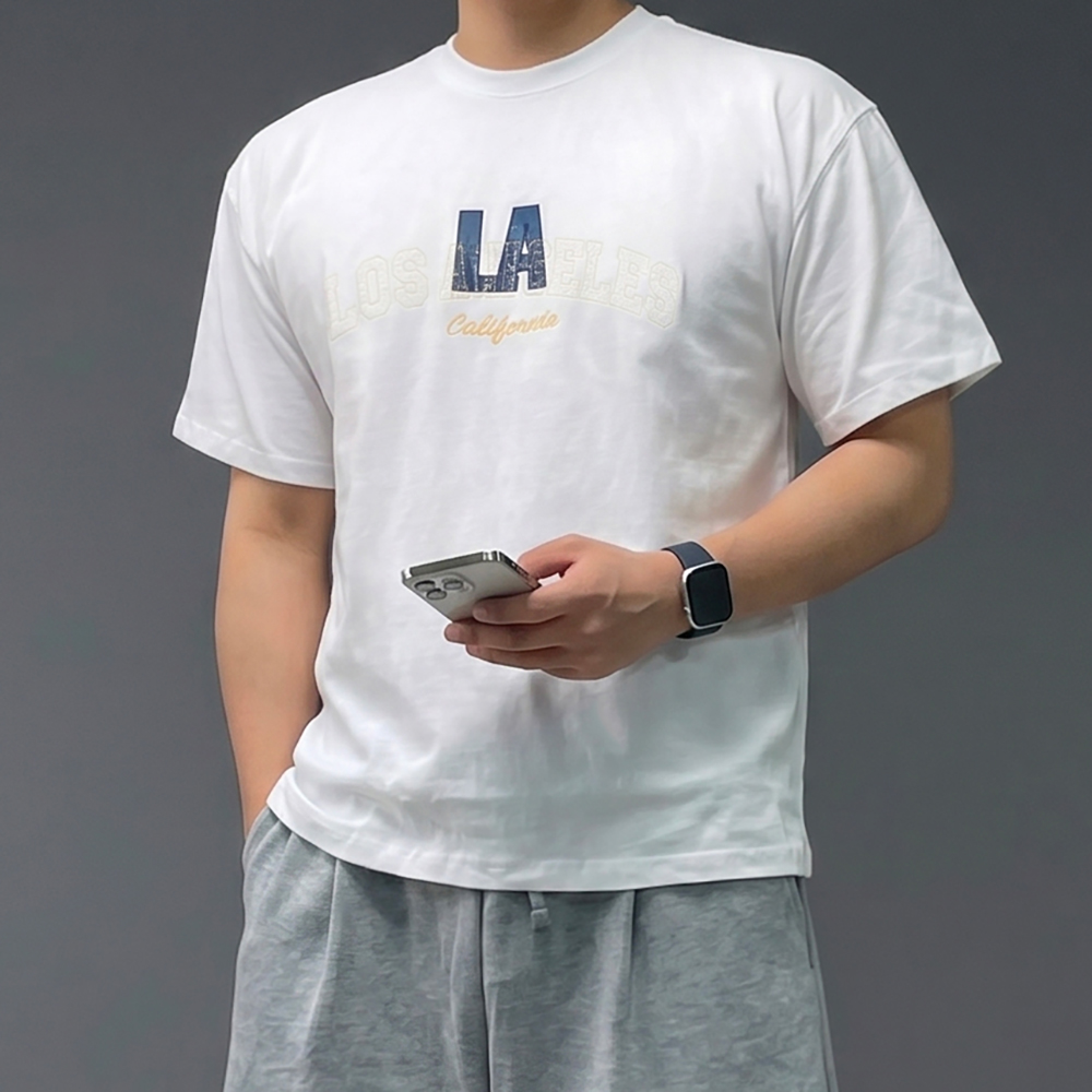 남자 10수 자수 흰색 두꺼운 반팔 티셔츠