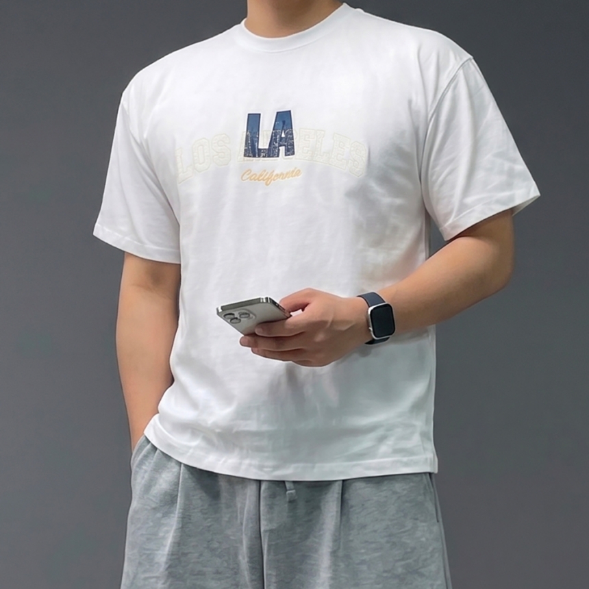 남자 10수 자수 흰색 두꺼운 반팔 티셔츠