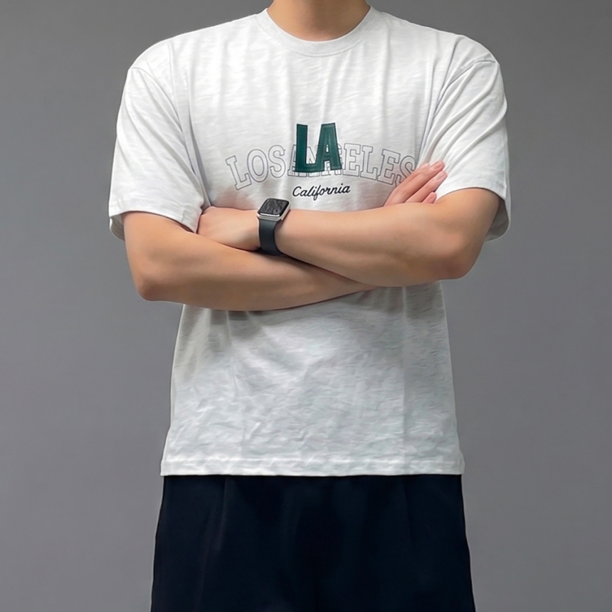 남자 10수 자수 흰색 두꺼운 반팔 티셔츠