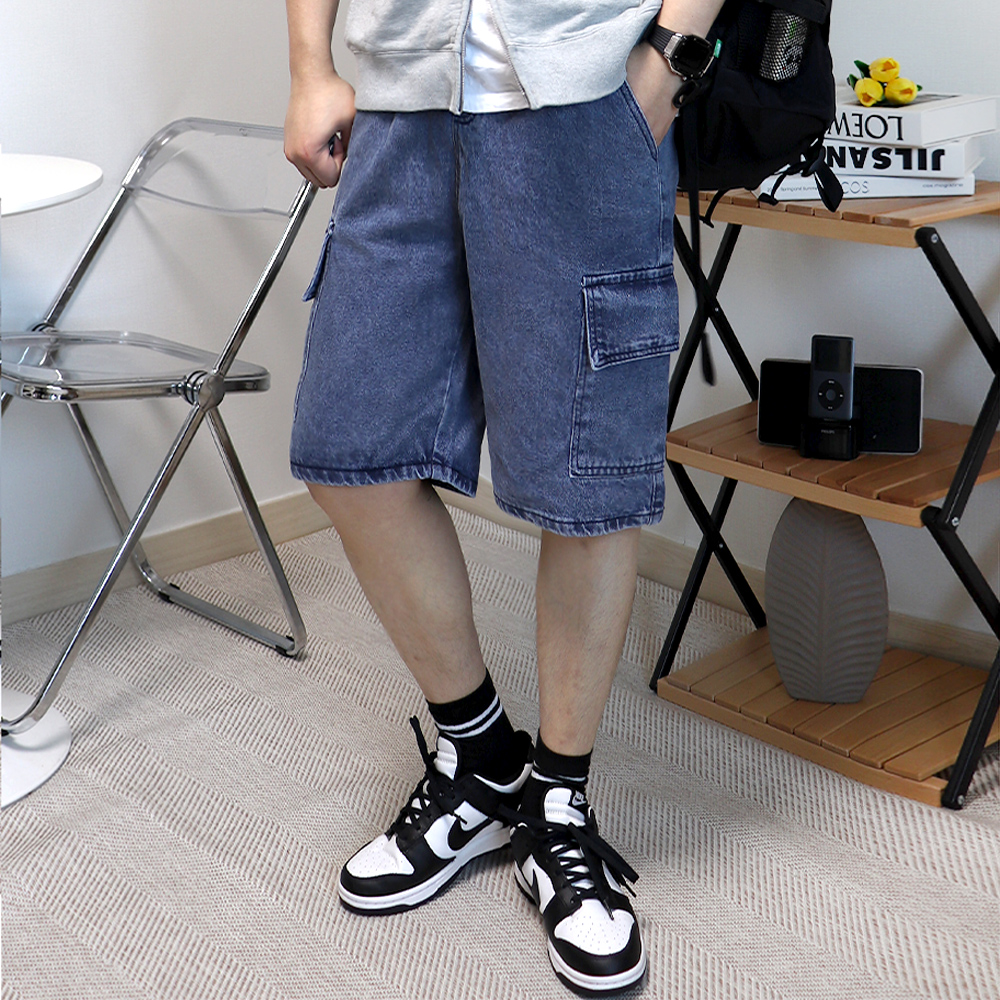 1+1 흑청반바지 데님버뮤다팬츠 7부 카고 청반바지