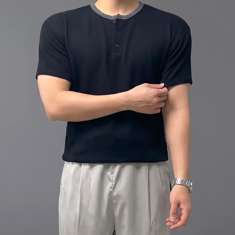 남자 헨리넥 크롭 머슬핏 반팔 링거 와플 티셔츠