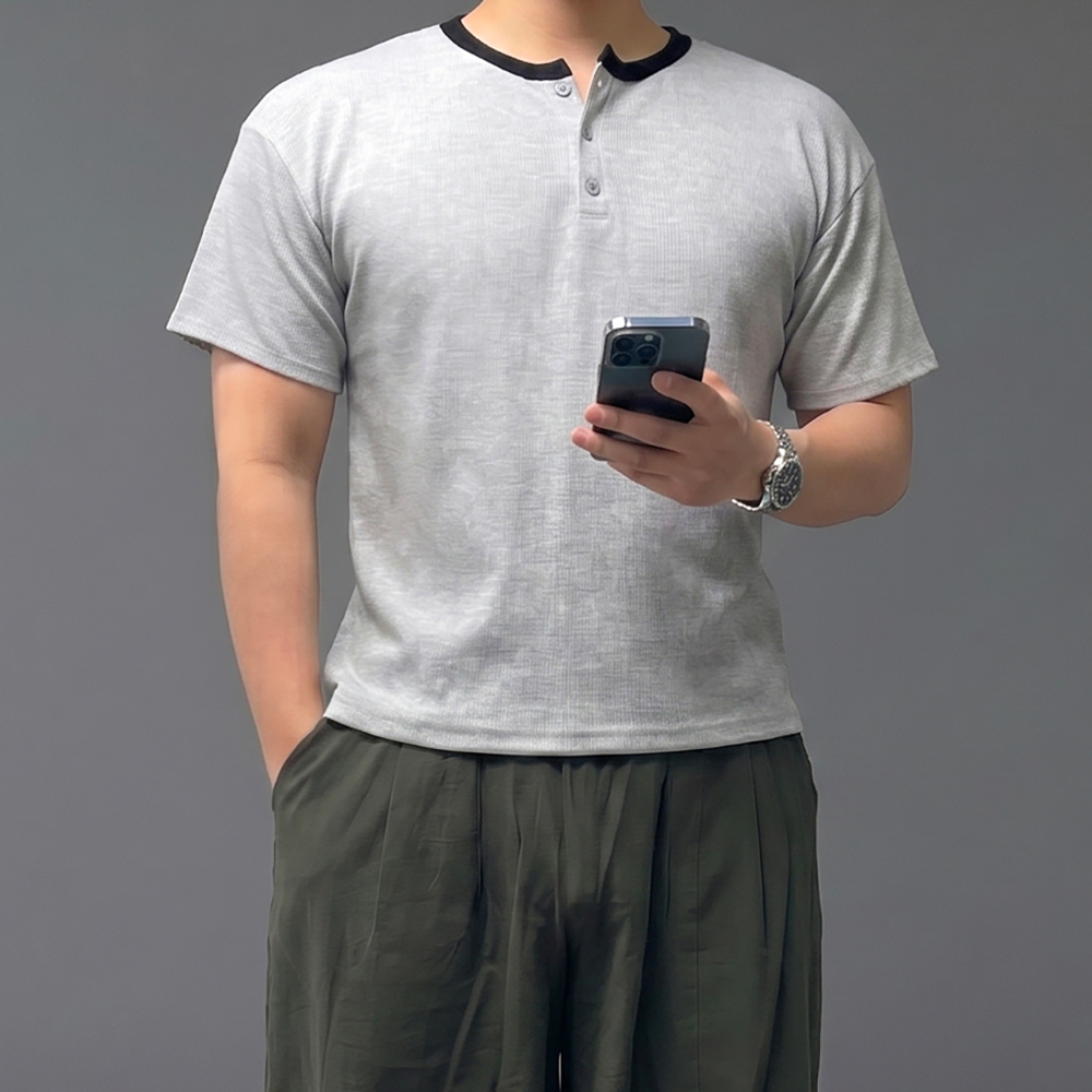 남자 헨리넥 크롭 머슬핏 반팔 링거 와플 티셔츠