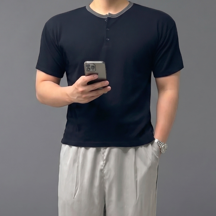 남자 헨리넥 크롭 머슬핏 반팔 링거 와플 티셔츠