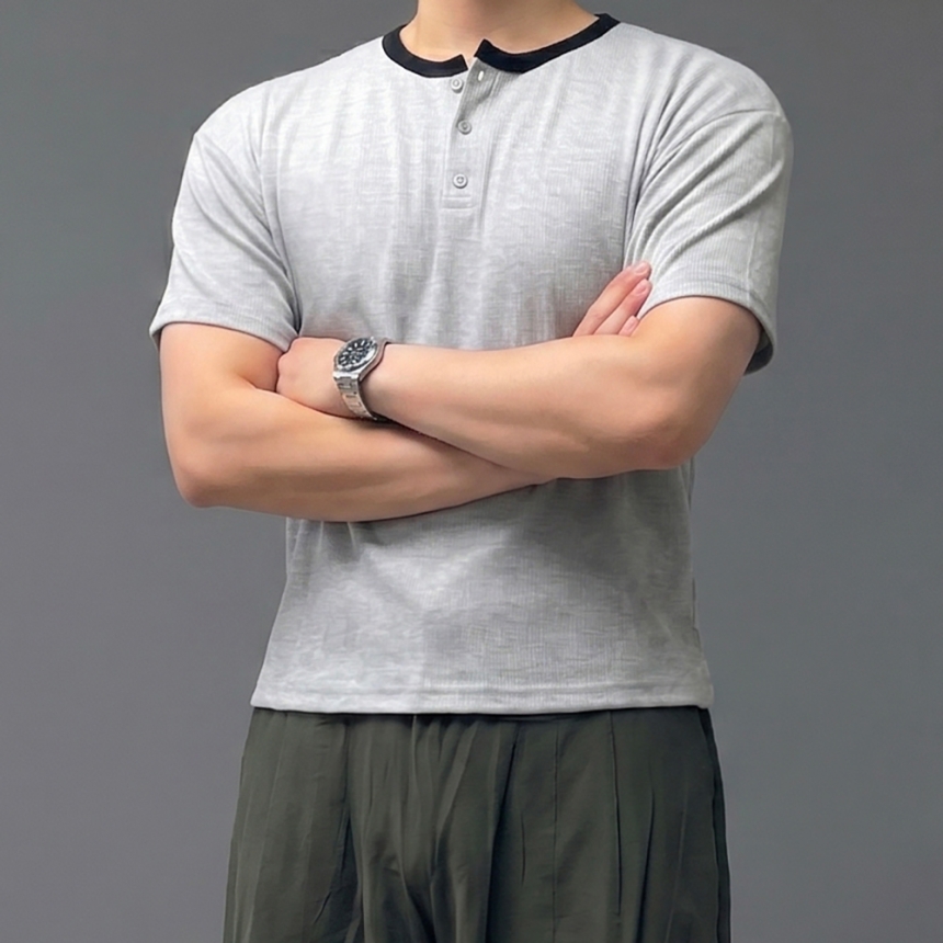 남자 헨리넥 크롭 머슬핏 반팔 링거 와플 티셔츠