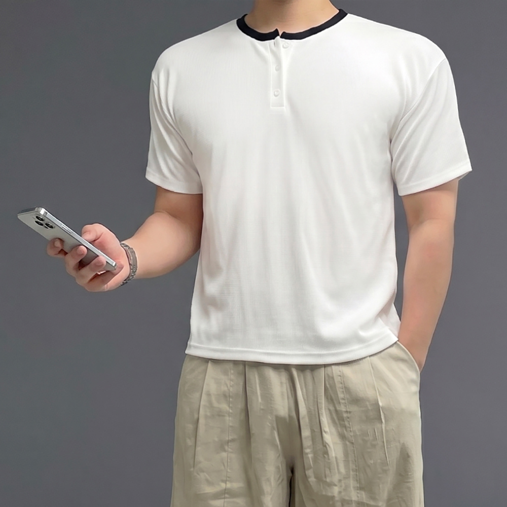 남자 헨리넥 크롭 머슬핏 반팔 링거 와플 티셔츠