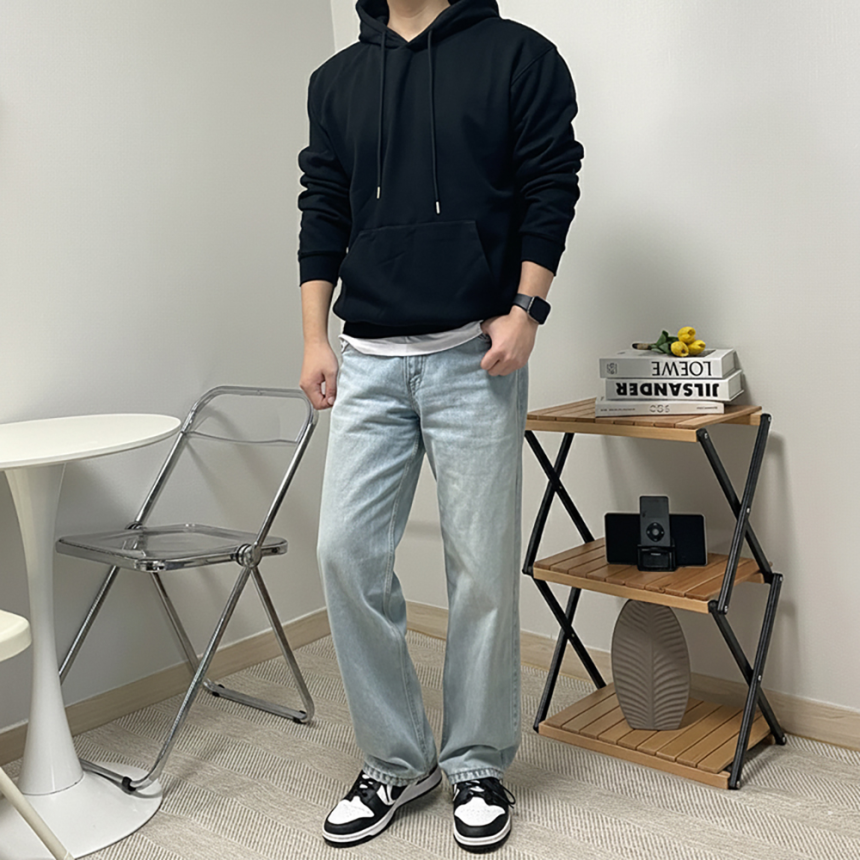 남자 오버핏 기모 무지 후드 티셔츠