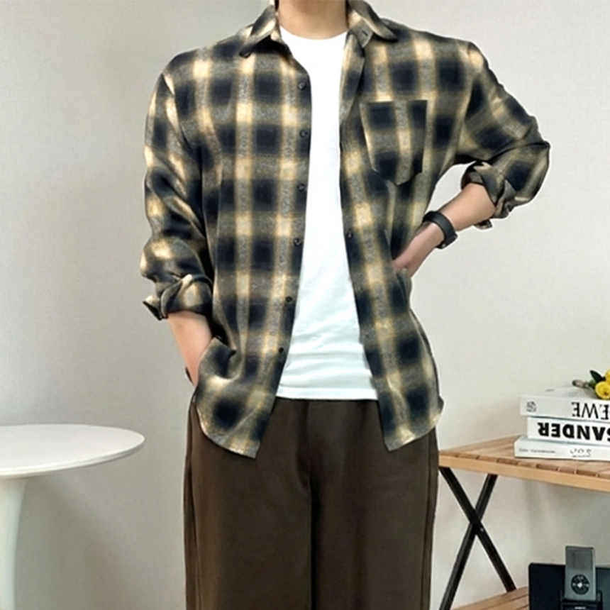 남자 아우터형 플란넬 체크 셔츠
