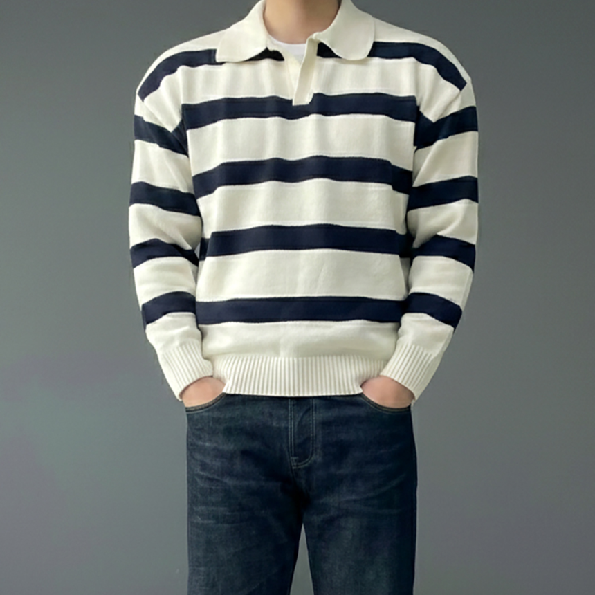 남자 크롭 단가라 스트라이프 카라 긴팔 니트